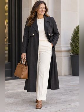 J. Gallery Full Length Trench Coat Womens Size 13/14 Black Long Jacket FLAW